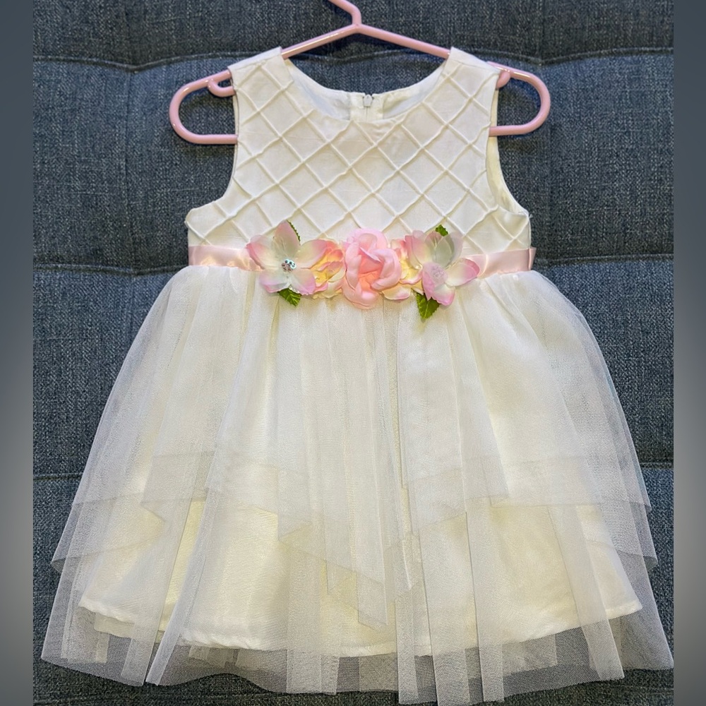 Rare Editions Cream Dress with Pink Floral Accent